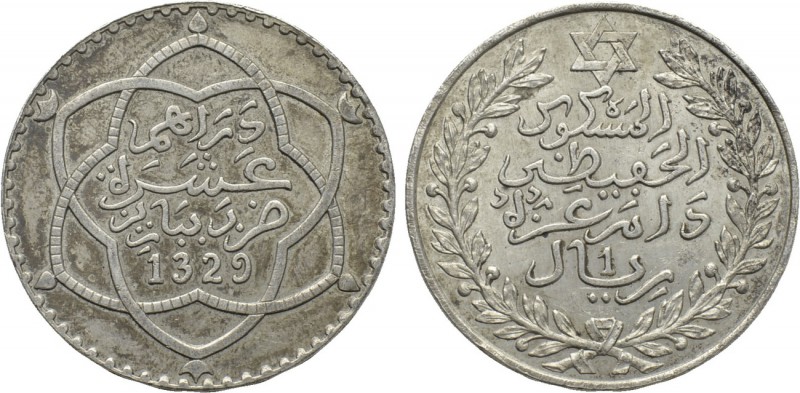MOROCCO. 'Abd al-Hafid (Abdelhafid) (AH 1325-1330 / 1909-1912 AD). Rial (AH 1329...