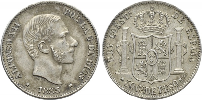 SPAIN. Alfonso XII (1874-1885). 50 Centimos (1885). Manilla. Struck for use in t...