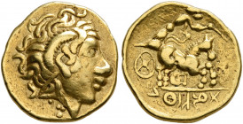 CENTRAL GAUL. Sequani. 3rd century BC. 1/4 Stater (Gold, 13 mm, 2.00 g, 1 h), imitating Lysimachos and Philip II of Macedon. Celticized diademed head ...