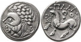 MIDDLE DANUBE. Uncertain tribe. 2nd century BC. Tetradrachm (Silver, 25 mm, 11.93 g, 4 h), 'Zickzackgruppe'. Stylized laureate and bearded head of Zeu...
