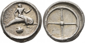 CALABRIA. Tarentum. Circa 480-470 BC. Didrachm or Nomos (Silver, 17 mm, 7.64 g). ᛋ AЯAT Youthful oikist, nude, riding dolphin to right, raising his le...
