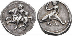 CALABRIA. Tarentum. Circa 400-390 BC. Didrachm or Nomos (Silver, 21 mm, 7.89 g, 5 h). Nude warrior, holding bridles in his right hand and carrying sma...