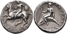 CALABRIA. Tarentum. Circa 355-340 BC. Didrachm or Nomos (Silver, 21 mm, 7.86 g, 7 h). Nude warrior, holding bridles in his right hand and carrying sma...