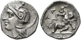 CALABRIA. Tarentum. Circa 280-228 BC. Diobol (Silver, 11 mm, 1.05 g, 4 h). Head of Athena to left, wearing crested Attic helmet decorated with Skylla ...