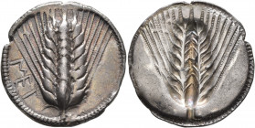 LUCANIA. Metapontion. Circa 540-510 BC. Stater (Silver, 28 mm, 8.15 g, 1 h). MET Ear of barley with eight grains; border of dots. Rev. Incuse ear of b...