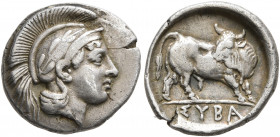 LUCANIA. Sybaris. Circa 446-440 BC. Triobol (Silver, 13 mm, 1.18 g, 2 h). Head of Athena to right, wearing laureate and crested Attic helmet. Rev. ΣYB...