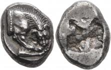 LUCANIA. Velia. Circa 535-510 BC. Drachm (Silver, 15 mm, 3.89 g). Forepart of a lion to right, devouring prey. Rev. Rough incuse square. HN Italy 1259...