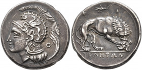 LUCANIA. Velia. Circa 300-280 BC. Didrachm or Nomos (Subaeratus, 21 mm, 6.81 g, 12 h). Head of Athena to left, wearing crested Attic helmet decorated ...