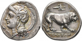 LUCANIA. Velia. Circa 300-280 BC. Didrachm or Nomos (Silver, 22 mm, 7.45 g, 12 h). Head of Athena to left, wearing crested Attic helmet decorated with...