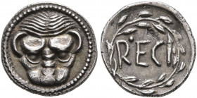 BRUTTIUM. Rhegion. Circa 445-435 BC. Litra (Silver, 11 mm, 0.77 g, 3 h). Facing head of a lion. Rev. RECI within laurel wreath. Herzfelder pl. IV, Bα....