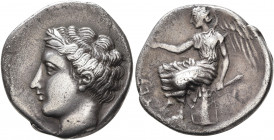 BRUTTIUM. Terina. Circa 440-425 BC. Didrachm or Nomos (Silver, 23 mm, 7.37 g, 3 h). Head of the nymph Terina to left, wearing olive wreath; behind, [Δ...