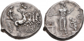 SICILY. Himera. Circa 409-407 BC. Tetradrachm (Silver, 27 mm, 17.51 g, 7 h), obverse die signed by Mai.... The nymph Himera driving quadriga galloping...
