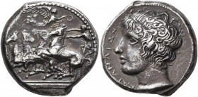 SICILY. Katane. Circa 412-403 BC. Tetradrachm (Silver, 25 mm, 16.31 g, 1 h), obverse die signed by Herakleidas. Charioteer driving quadriga galloping ...