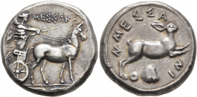 SICILY. Messana. 420-413 BC. Tetradrachm (Silver, 25 mm, 17.40 g, 2 h). The nymph Messana, wearing long chiton and holding kentron in her left hand an...