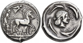 SICILY. Syracuse. Deinomenid Tyranny, 485-466 BC. Tetradrachm (Silver, 25 mm, 17.13 g, 4 h), circa 480-475. Charioteer driving quadriga walking to rig...