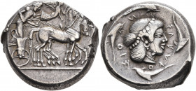 SICILY. Syracuse. Deinomenid Tyranny, 485-466 BC. Tetradrachm (Silver, 23 mm, 17.40 g, 4 h), circa 475-470. Charioteer driving quadriga walking to rig...