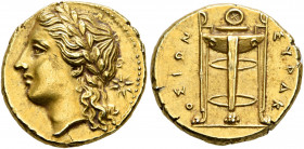 SICILY. Syracuse. Agathokles, 317-289 BC. 50 Litrai (Electrum, 15 mm, 3.53 g, 8 h), circa 310-306/5. Laureate head of Apollo to left; behind, star. Re...