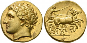 SICILY. Syracuse. Agathokles, 317-289 BC. 50 Litrai or Dekadrachm (Gold, 13 mm, 2.88 g, 7 h), circa 305-289. Laureate head of Apollo to left. Rev. Cha...