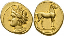CARTHAGE. Circa 350-320 BC. Stater (Gold, 19 mm, 9.43 g, 2 h). Head of Tanit to left, wearing wreath of grain ears, triple-pendant earring and elabora...