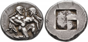 ISLANDS OFF THRACE, Thasos. Circa 500-480 BC. Stater (Silver, 21 mm, 9.58 g). Nude ithyphallic satyr, with long beard and long hair, moving right in '...