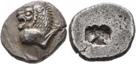 THRACO-MACEDONIAN REGION. Uncertain. Late 6th century BC. Drachm (Silver, 16 mm, 3.42 g), light Milesian or reduced Chian standard. Forepart of a lion...