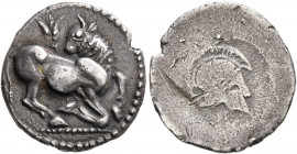 THRACO-MACEDONIAN TRIBES, Derrones. Circa 480-465 BC. Tetrobol (Silver, 17 mm, 2.44 g, 1 h). Bull recumbent to right, head turned back to left; above,...