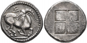 THRACO-MACEDONIAN TRIBES, Mygdones or Krestones (?). Circa 480-470 BC. Stater (Silver, 22 mm, 9.00 g). He-goat kneeling to right, head turned back to ...