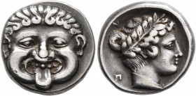 MACEDON. Neapolis. Circa 424-350 BC. Drachm (Silver, 15 mm, 3.86 g, 3 h). Facing gorgoneion with protruding tongue. Rev. N-E-O-Π Laureate head of the ...
