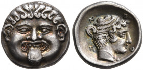 MACEDON. Neapolis. Circa 424-350 BC. Hemidrachm (Silver, 13 mm, 1.89 g, 1 h). Facing gorgoneion with protruding tongue. Rev. N-E-O-Π Head of the nymph...