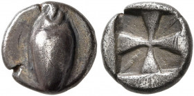 BOEOTIA. Orchomenos. Circa 525-500 BC. Obol (Silver, 9 mm, 0.78 g). Wheat grain. Rev. Square incuse with cross design and single diagonal line across ...