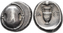BOEOTIA. Thebes. Circa 390-382 BC. Stater (Silver, 21 mm, 12.34 g), Wast..., magistrate. Boeotian shield. Rev. FA-ΣT Amphora; above, barley grain; all...