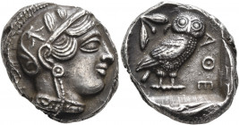 ATTICA. Athens. Circa 440s BC. Tetradrachm (Silver, 26 mm, 17.18 g, 9 h). Head of Athena to right, wearing crested Attic helmet decorated with three o...