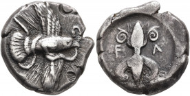 ELIS. Olympia. 82nd Olympiad, 452 BC. Stater (Silver, 22 mm, 12.23 g, 3 h). Eagle flying to right with wings above and below, grasping a coiling snake...