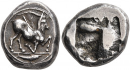 CYCLADES, Paros. Circa 520/15-500 BC. Drachm (Silver, 16 mm, 6.00 g), Aeginetic standard. Goat kneeling to right; below, dolphin to right. Rev. Rough ...