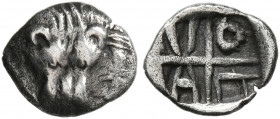 CIMMERIAN BOSPOROS. Pantikapaion. Circa 400-375 BC. Tetartemorion (Silver, 8 mm, 0.24 g, 6 h). Facing head of a lion. Rev. Quadripartite incuse square...