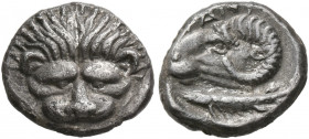 CIMMERIAN BOSPOROS. Pantikapaion. Circa 390-380 BC. Diobol (Silver, 12 mm, 1.61 g, 12 h). Facing head of a lion. Rev. [Π]ΑΝΤ[I] Head of a ram to left;...
