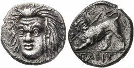 CIMMERIAN BOSPOROS. Pantikapaion. Circa 370-355 BC. Hemidrachm (Silver, 14 mm, 2.53 g, 1 h). Head of a satyr with animal ears and a pug nose facing sl...