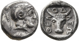 CIMMERIAN BOSPOROS. Theodoseia. Circa 400-375 BC. Diobol (Silver, 11 mm, 1.66 g, 6 h). Head of Athena to right, wearing crested Attic helmet. Rev. ΘΕ-...