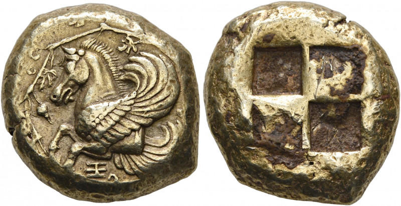 MYSIA. Lampsakos. Circa 411 BC. Stater (Electrum, 21 mm, 15.22 g). Forepart of P...