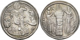 SASANIAN KINGS. Bahram II, with Queen and Prince 4, 276-293. Drachm (Silver, 27 mm, 3.89 g, 3 h), Style A. MZDYSN BGY WRHR'N MRKAN MRKA 'YR'N W 'NYR'N...