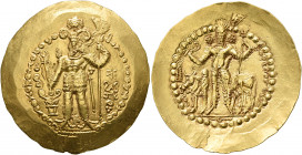 HUNNIC TRIBES, Kidarites. "Bahram Kushan King", circa 350-380. Dinar (Gold, 34 mm, 7.83 g, 12 h), Balkh. 'BAΓO OAPAYPANO O-OOZOPKO KOÞANO ÞAYO ('His M...
