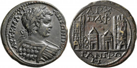 PAPHLAGONIA. Gangra-Germanicopolis. Caracalla, 198-217. Tetrassarion (Orichalcum, 30 mm, 15.46 g, 6 h). AYT•K•M•AYP• ANTΩNINOC Laureate and cuirassed ...