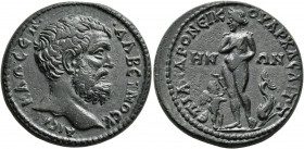 LYDIA. Saitta. Clodius Albinus, as Caesar, 193-195. Tetrassarion (Bronze, 29 mm, 16.48 g, 5 h), Androneikos, son of Iollas Kratistos Stephanophoros an...