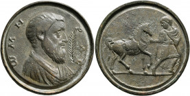 Contorniates, late 4th-early 5h century. Contorniate (Bronze, 38 mm, 20.58 g, 1 h). ⲰMH-POC Bare-headed and draped bust of Homer to right; before, inc...