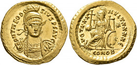 Theodosius II, 402-450. Solidus (Gold, 21 mm, 4.43 g, 6 h), Constantinopolis, 430-440. D N THEODO-SIVS P F AVG Helmeted and cuirassed bust of Theodosi...