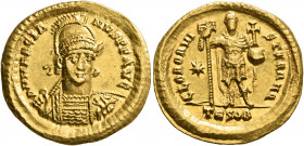 Marcian, 450-457. Solidus (Gold, 22 mm, 4.43 g, 6 h), Thessalonica. D N MARCIA-NVS P F AVG Pearl-diademed, helmeted and cuirassed bust of Marcian faci...