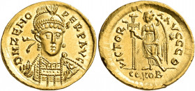 Zeno, second reign, 476-491. Solidus (Gold, 20 mm, 4.49 g, 6 h), Constantinopolis. D N ZENO PERP AVG Pearl-diademed, helmeted and cuirassed bust of Ze...