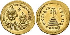 Heraclius, with Heraclius Constantine, 610-641. Solidus (Gold, 21 mm, 4.40 g, 7 h), Constantinopolis, circa 613-616. dd NN hERACLIЧS ET hERA CONST PP ...