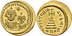 Heraclius, with Heraclius Constantine, 610-641. Solidus (Gold, 20 mm, 4.49 g, 7 h), Constantinopolis, circa 613-616. dd NN hERACLIЧS ET hERA CONST PP ...