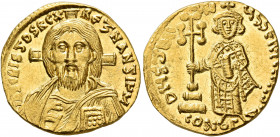 Justinian II, first reign, 685-695. Solidus (Gold, 19 mm, 4.45 g, 7 h), Constantinopolis, 692-695. IҺS CRISTOS RЄX RЄSNANTIЧM Draped facing bust of Ch...